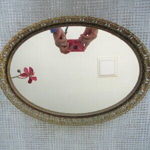 VTG Vanity Mirror Ornated Feligree Tray Dresser Perfume Tray Victorian Gold Tone